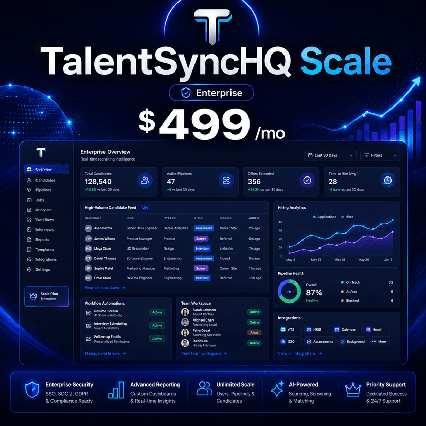 TalentSyncHQ Scale pricing card showing enterprise dashboard and analytics